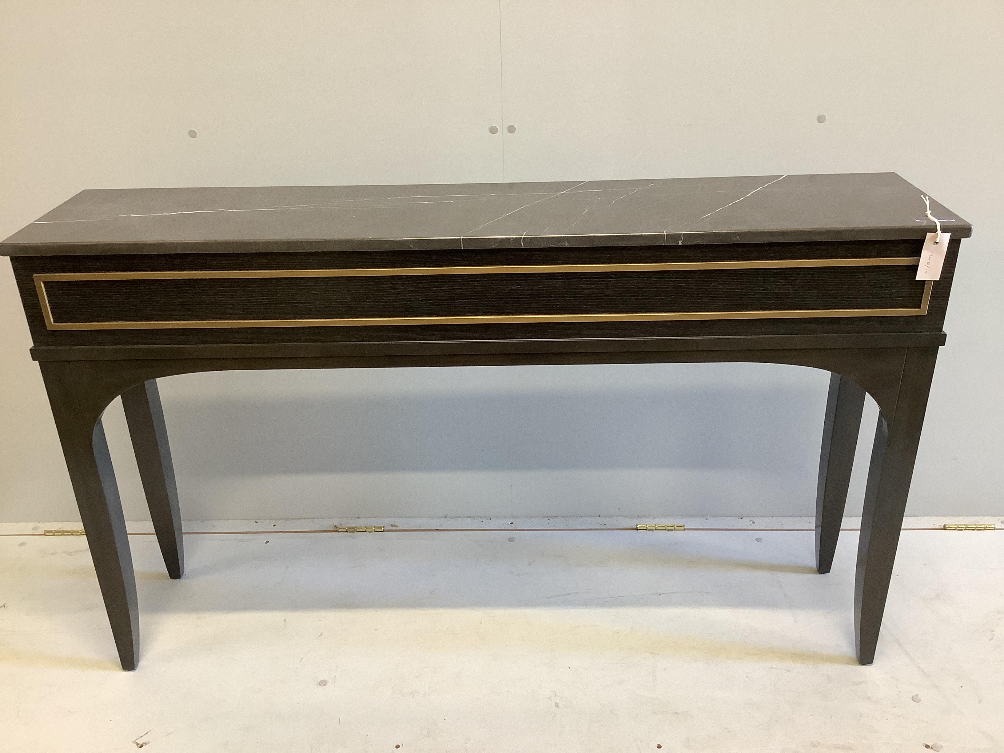 A custom made Decca Furniture black walnut console table with Livra marble top, width 140cm, depth 30cm, height 84cm